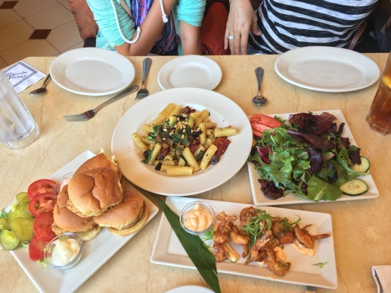 Fried chicken sliders, Evelyn's pasta, Bang Bang shrimp, and a side of house salad from the Cheesecake Factory- Fashion Island, Newport